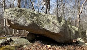 A large, relatively flat and elongated boulder, propped up by a small stone on the left side 