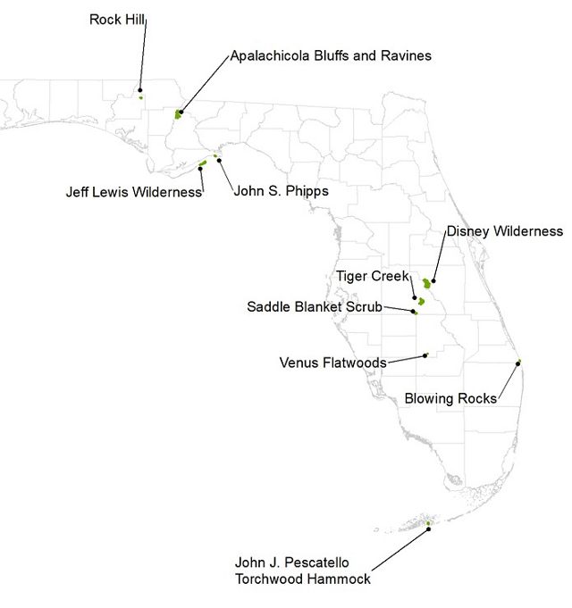Map of TNC Florida Research locations. 