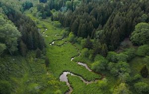 Drone aerial shot over Elk Run River in West Virginia 