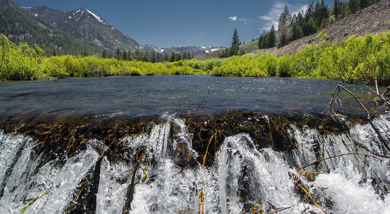Water-level view of a river flowing toward the camera in a mountain valley. The banks are lined with vibrant green trees, and there are mountains in the background.