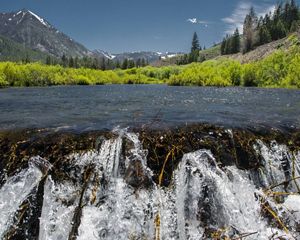 Water-level view of a river flowing toward the camera in a mountain valley. The banks are lined with vibrant green trees, and there are mountains in the background.