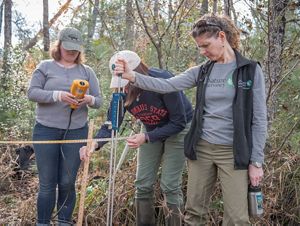 Three people measure and record data along a stream bank.