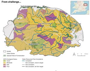 Infographic showing rivers in Norfolk, England that don't meet water flow requirements.