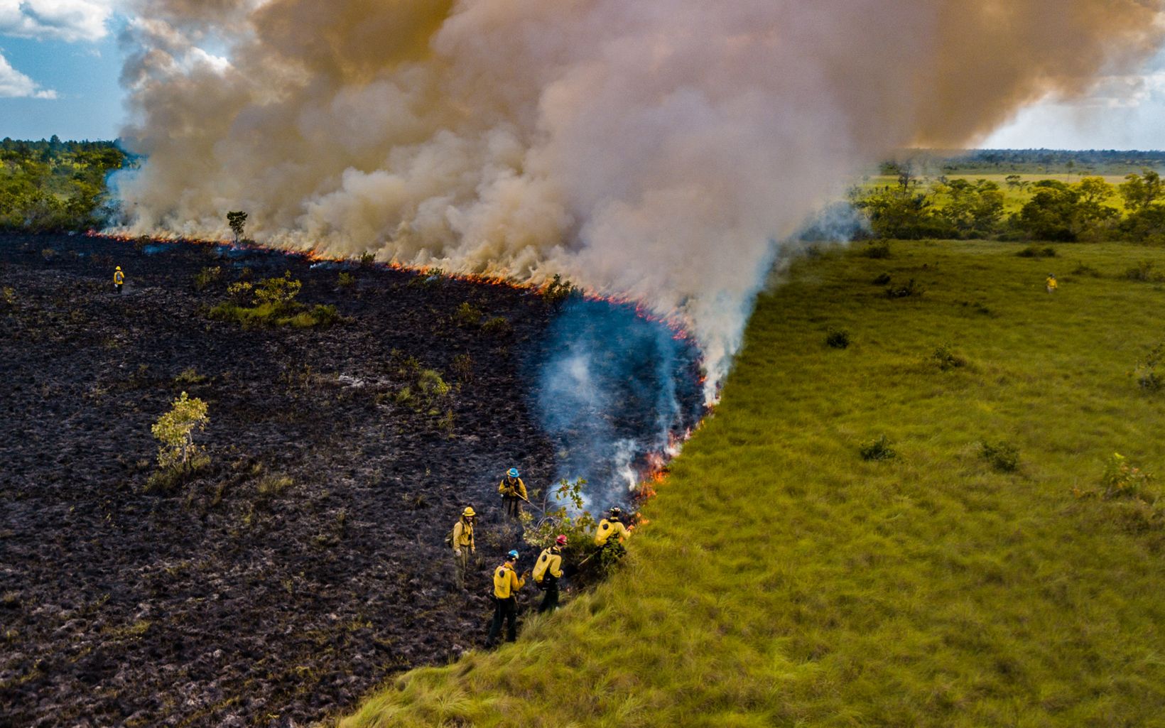 Aerial view of firefighters moving a controlled burn along the grassland in Belize. Burned ground is behind them, while smoke billows into the sky.