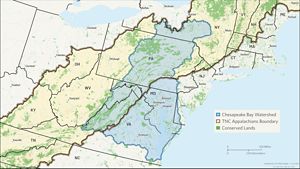 A map showing an outline of the Chesapeake Bay and the Appalachian Mountains. 