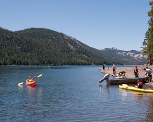 Visitors enjoying fishing from shore and small motorboats and using TNC’s fleet of kayaks on Independence Lake.