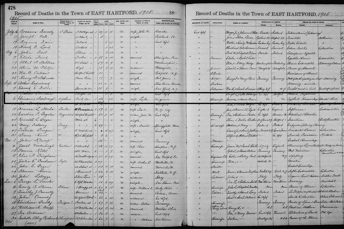 Two pages of hand written death records from the town of East Hartford, 1905 highlighted to show the entry for Chrisanna Scarbrough.