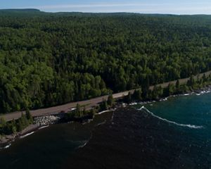 Aerial view of Highway 61 along the shore of Lake Superior in Minnesota.