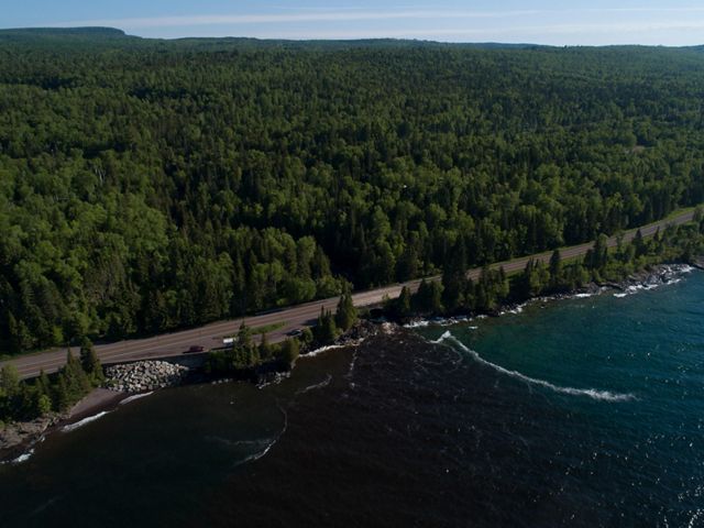 Aerial view of Lake Superior, Highway 61 and surrounding forest near Two Harbors, MN.