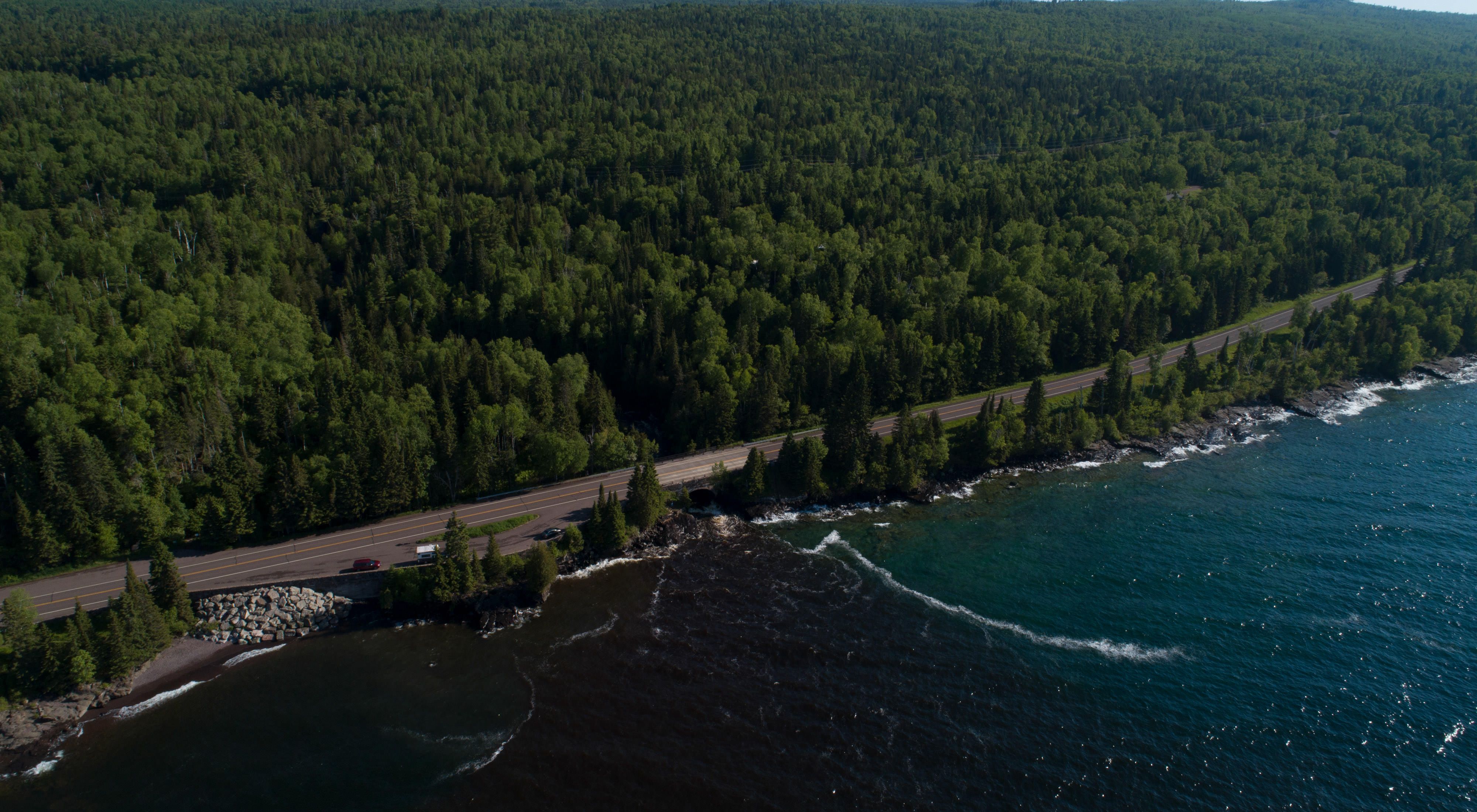 Aerial view of Highway 61 along the shore of Lake Superior in Minnesota.