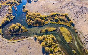 Aerial view of Silver Creek Preserve showing the winding stream.