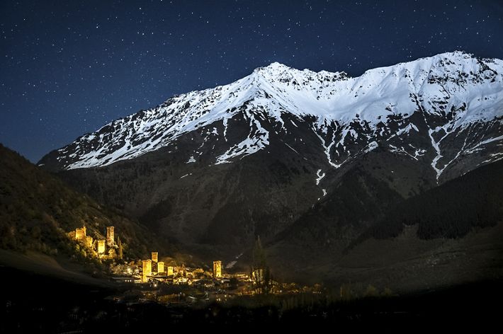 Mestia, a small city in Georgia, at night.
