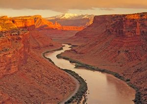 A wide river flowing through the grand canyon's red rock mesa canyons.