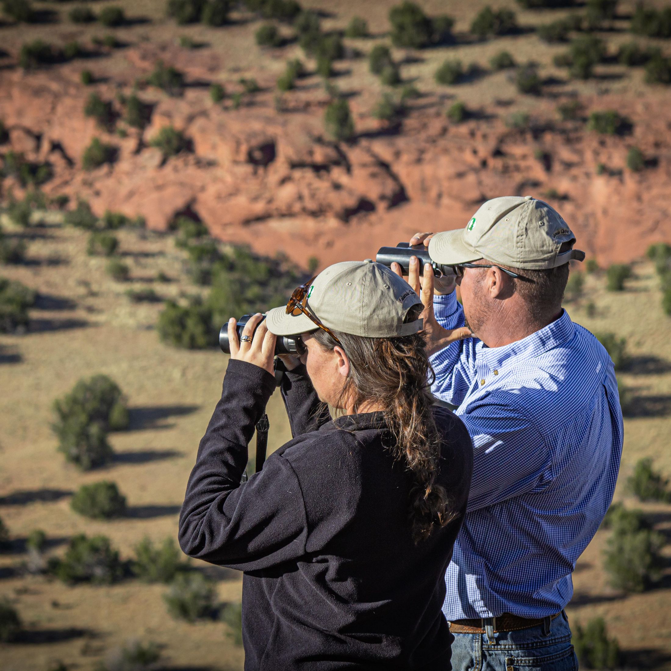 Two people looking out into a canyon through binoculars.