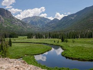 A river flowing through a meadow with mountains in the background.