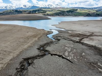 Landscape view of low water levels in Green Mountain Reservoir in Colorado.