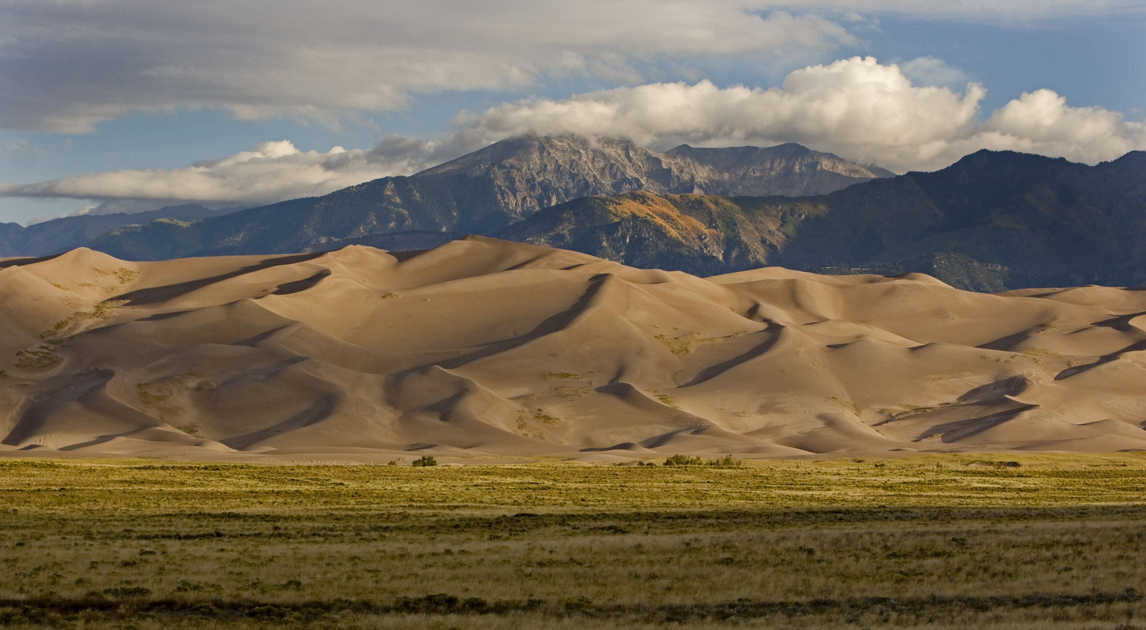A landscape shot of sand dunes on green grass and blue mountains towering over the dunes.