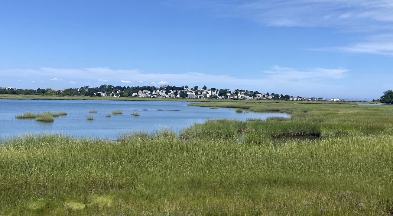 View of marsh grasses and blue waters with homes on a hill in Revere in the distance on the other side of the marsh on a sunny day.