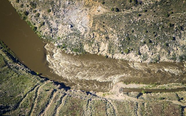 An aerial photo of a water ditch, the Maybell Diversion.