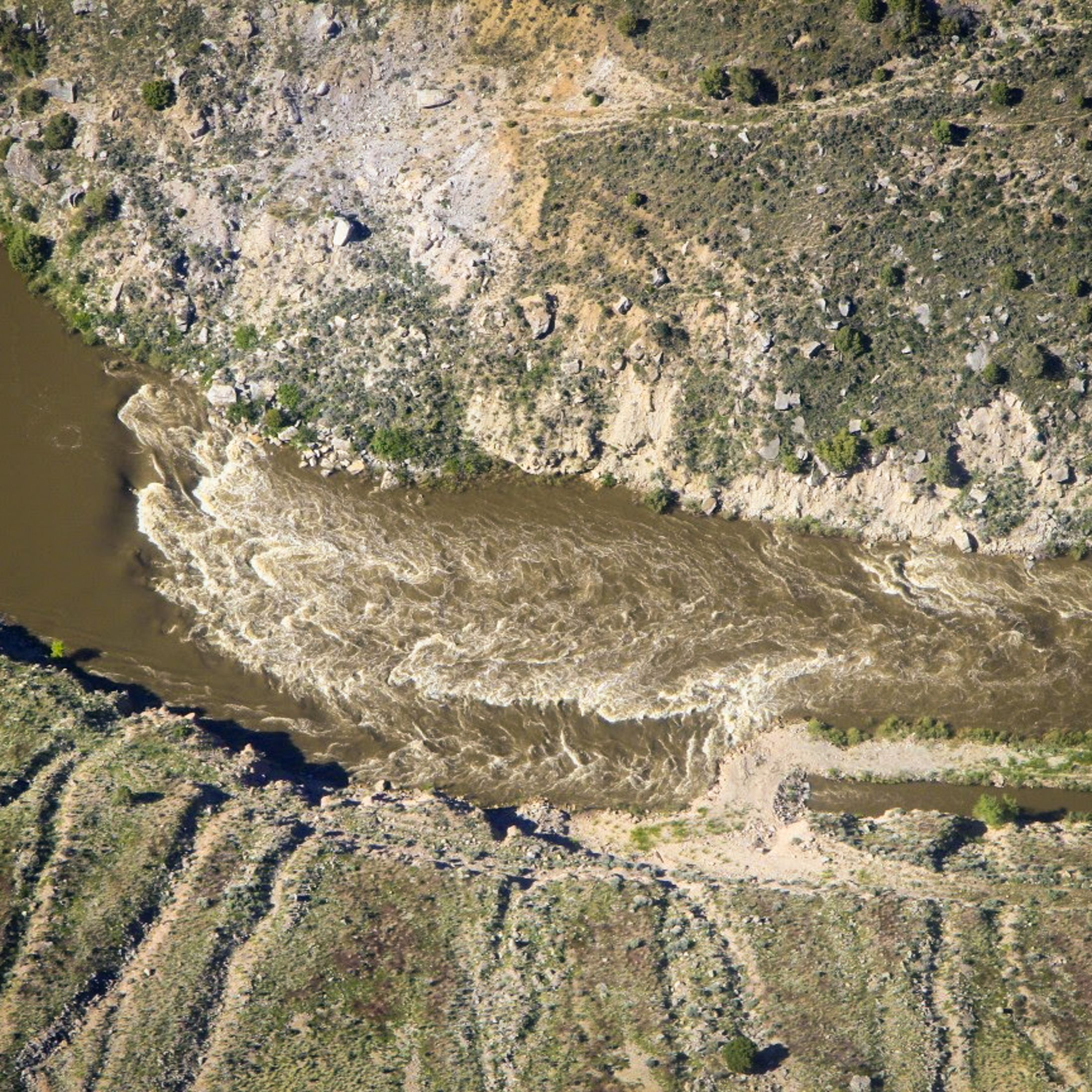 aerial view of a river flowing through a desert.