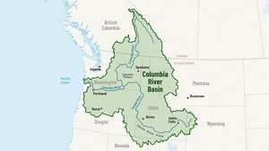 Graphic of a map of the Pacific Northwest with highlighted section over the Columbia River Basin.