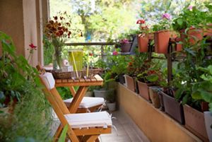 A balcony that has a lot of potted plants and flowers.