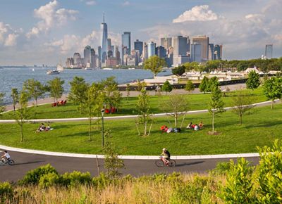 Aerial view of the Manhattan skyline from Governors Island in the New York Harbor.