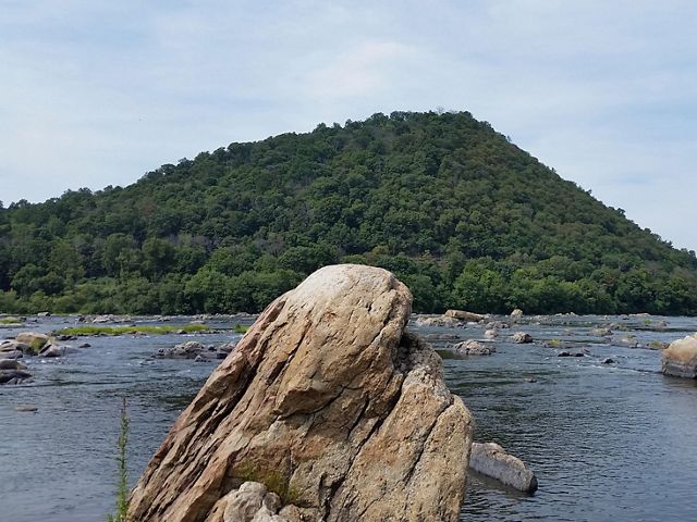 Hamer Woodlands at Cove Mountain viewed from the Susquehanna River. A tall, tree covered mountain rises next to a wide river. Large rocks are scattered across the water. A large boulder dominates the foreground.