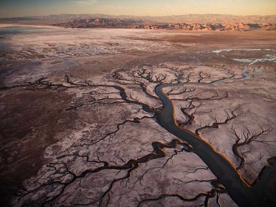 An aerial of the Colorado River Delta with many branching tributaries and mountains in the distance.