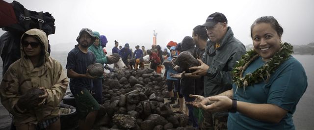 A group of people rebuilding a fishpond wall with stones.