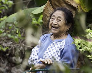 A person smiles among the trees and plants in the Maya Forest in Mexico.