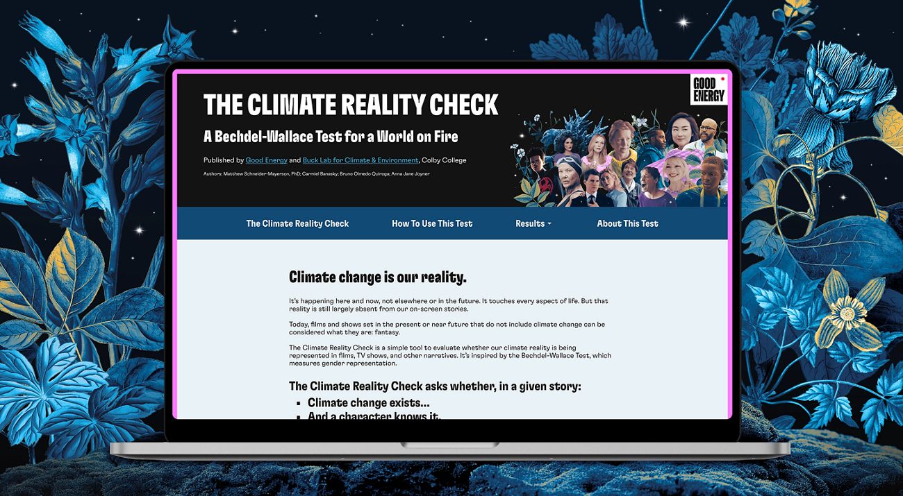 Stylized laptop screen showing the Climate Reality Check homepage.