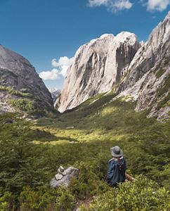 A woman with a braid in a sun hat stands at the bottom of a green, plant-covered valley facing a sheer granite rock face.