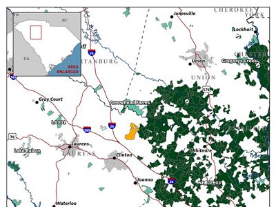 A map of upstate South Carolina, including a yellow portion of subject property and dark green federally protected lands adjoining the property.