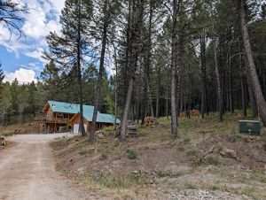 A house surrounded by trees. 