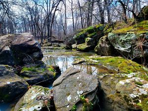 A shallow pool of water flanked by large, mossy stones.