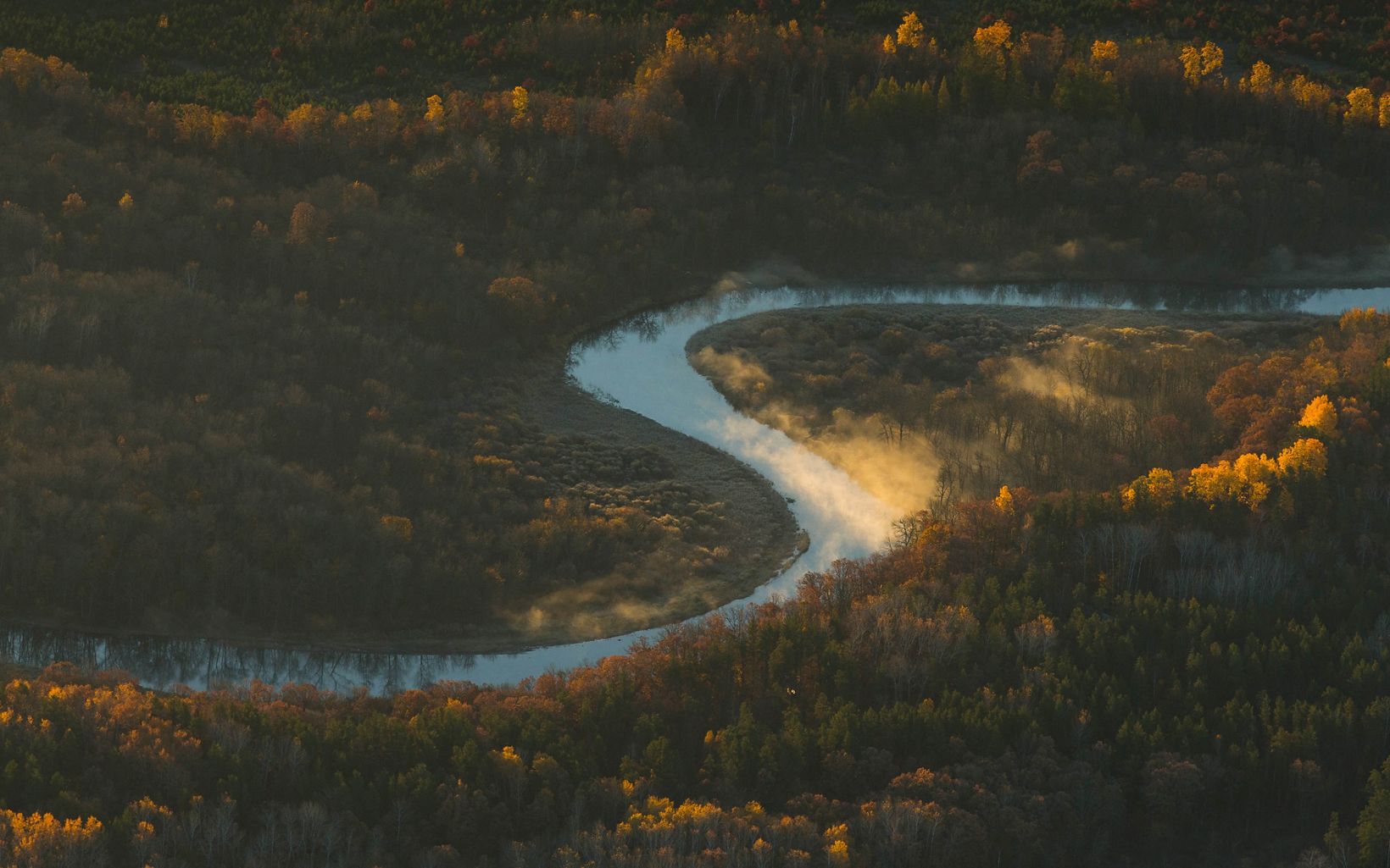 Aerial of the Crow Wing River near Huntersville, Minnesota.