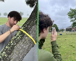 A split screen shows two people working outdoors.