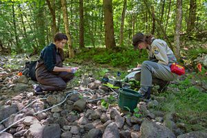 Two people looking at the ground and writing in a notebook.