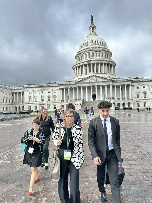 Four professionals walk towards the camera with the United States Capitol building in the background, under a cloudy sky.