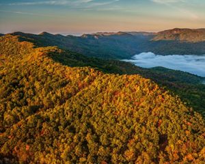 A mist emerges near a colorful forested ridge.