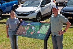 Two people stand on either sign of a sign.