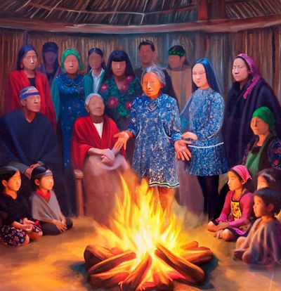 Ilustración que muestra a un grupo de representantes indígenas de distintos lugares de América, mayormente en vestimentas tradicionales, adultos y niños, alrededor de una hoguera dentro de una ruca. 