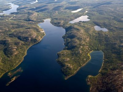 Aerial view of the Thelon River and forest landscape of Canada's far northern Thelon Game Sanctuary.
