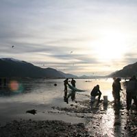 a few people standing on shore pulling and untangling fishing nets in front of a sunny sky 