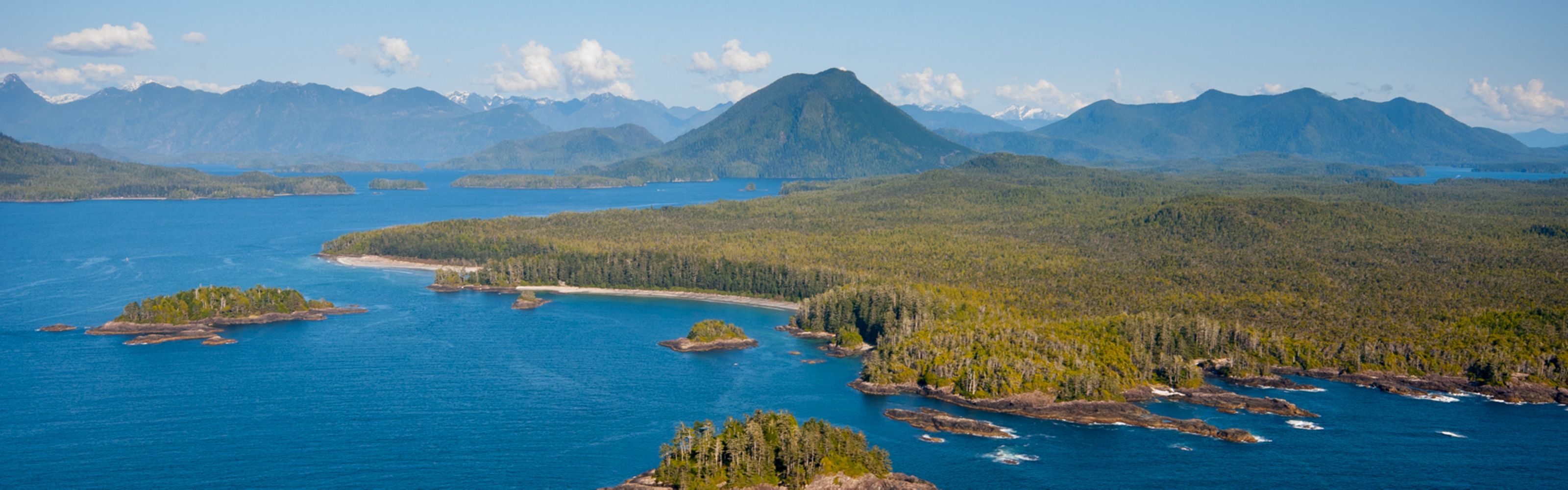An aerial view of Clayoquot Sound, on the west coast of Vancouver Island in the Canadian province of British Columbia.  