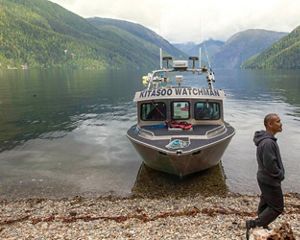 A boat operated by the Kitasoo Coastal Guardian Watchmen and Spirit Bear Lodge, near Klemtu, British Columbia