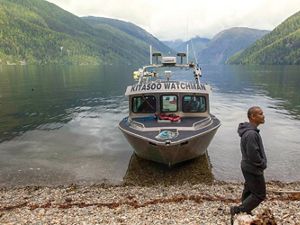 A boat operated by the Kitasoo Coastal Guardian Watchmen and Spirit Bear Lodge, near Klemtu, British Columbia