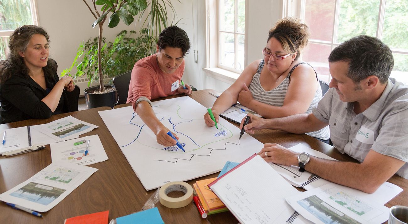a group of people sitting around a table with plans and maps