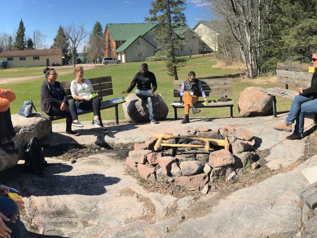 Nature United staff, consultants and First Nation representatives discuss Healthy Country Planning during a workshop in May 2019 at Whiteshell Provincial Park in Manitoba.